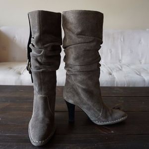 Grey Leather Suede Boots with Buckle